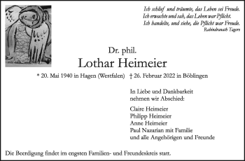 Traueranzeige von Lothar Heimeier von Kreiszeitung Böblinger Bote