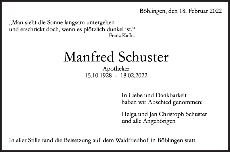  Traueranzeige für Manfred Schuster vom 03.03.2022 aus Kreiszeitung Böblinger Bote