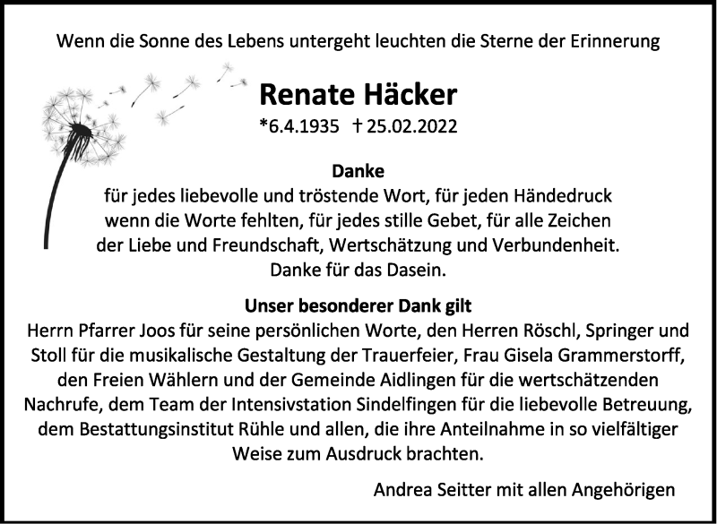 Traueranzeige für Renate Häcker vom 19.03.2022 aus Kreiszeitung Böblinger Bote
