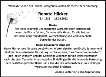 Traueranzeige von Renate Häcker von Kreiszeitung Böblinger Bote