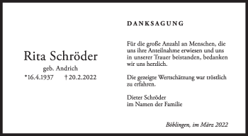 Traueranzeige von Rita Schröder von Kreiszeitung Böblinger Bote