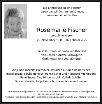 Traueranzeige von Rosemarie Fischer von Kreiszeitung Böblinger Bote