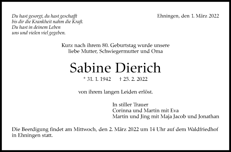  Traueranzeige für Sabine Dierich vom 01.03.2022 aus Kreiszeitung Böblinger Bote