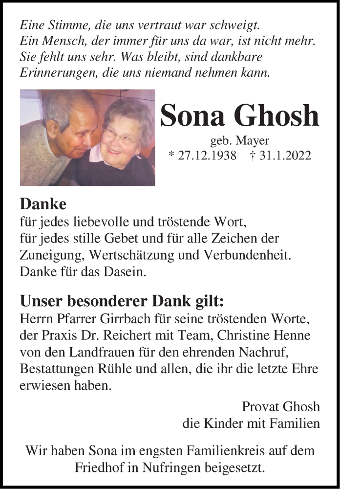  Traueranzeige für Sona Ghosh vom 04.03.2022 aus Kreiszeitung Böblinger Bote