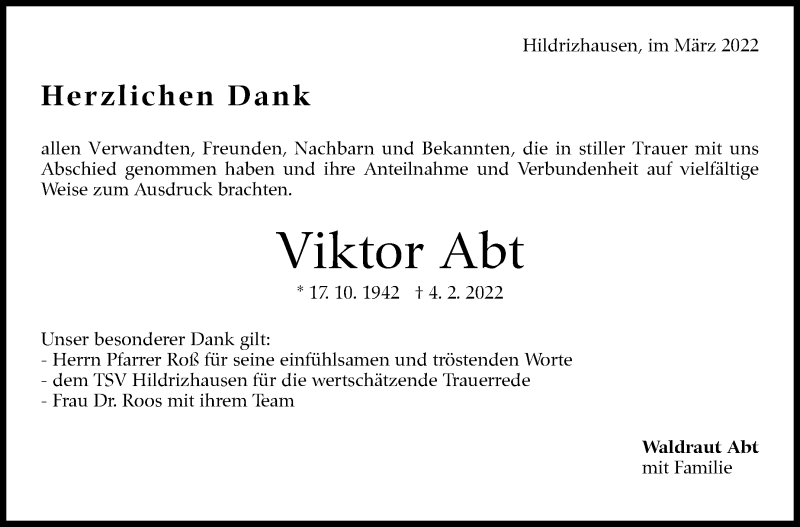  Traueranzeige für Viktor Abt vom 11.03.2022 aus Kreiszeitung Böblinger Bote