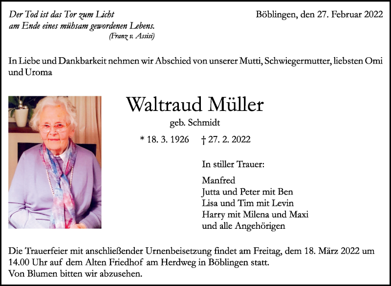  Traueranzeige für Waltraud Müller vom 02.03.2022 aus Kreiszeitung Böblinger Bote