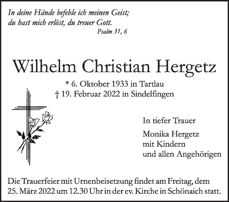  Traueranzeige für Wilhelm Christian Hergetz vom 17.03.2022 aus Kreiszeitung Böblinger Bote