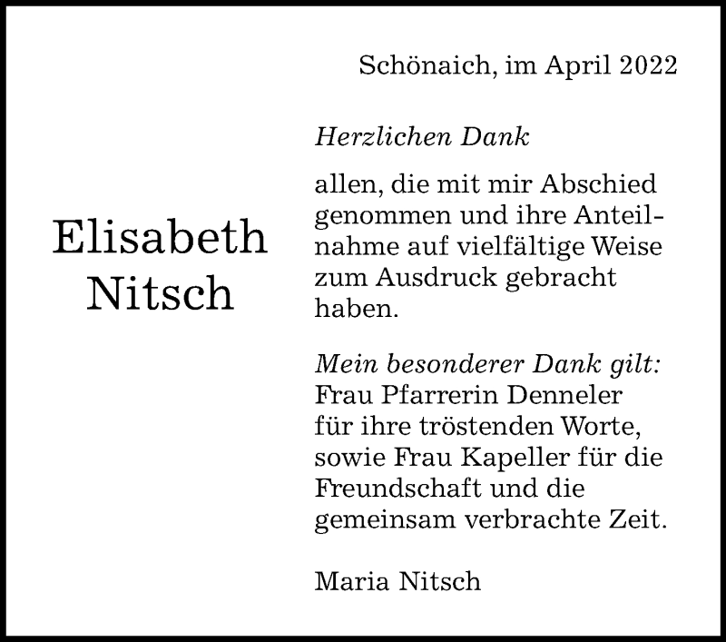  Traueranzeige für Elisabeth Nitsch vom 28.04.2022 aus Kreiszeitung Böblinger Bote