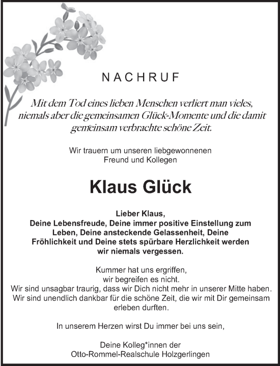 Traueranzeige von Klaus Glück von Kreiszeitung Böblinger Bote