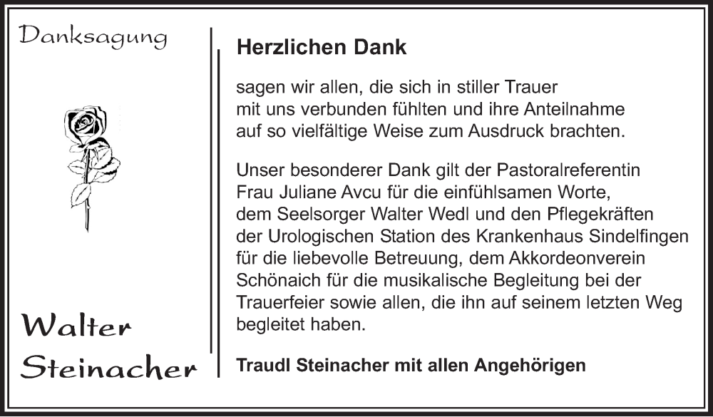  Traueranzeige für Walter Steinacher vom 11.05.2022 aus Kreiszeitung Böblinger Bote
