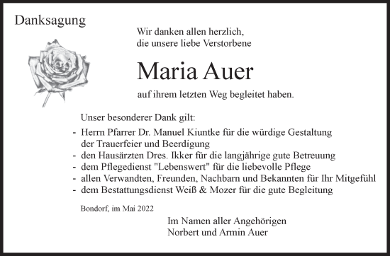 Traueranzeige von Maria Auer von Kreiszeitung Böblinger Bote