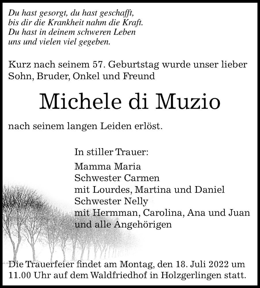  Traueranzeige für Michele di Muzio vom 15.07.2022 aus Kreiszeitung Böblinger Bote