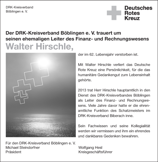 Traueranzeige von Walter Hirschle von Kreiszeitung Böblinger Bote
