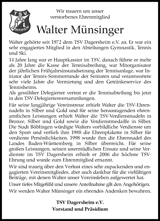 Traueranzeige von Walter Münsinger von Kreiszeitung Böblinger Bote