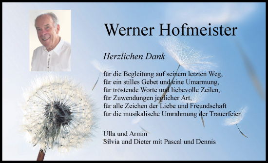 Traueranzeige von Werner Hofmeister von Kreiszeitung Böblinger Bote