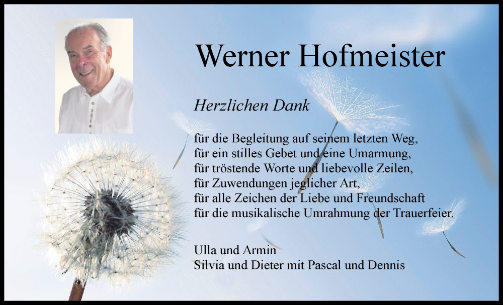  Traueranzeige für Werner Hofmeister vom 07.07.2022 aus Kreiszeitung Böblinger Bote