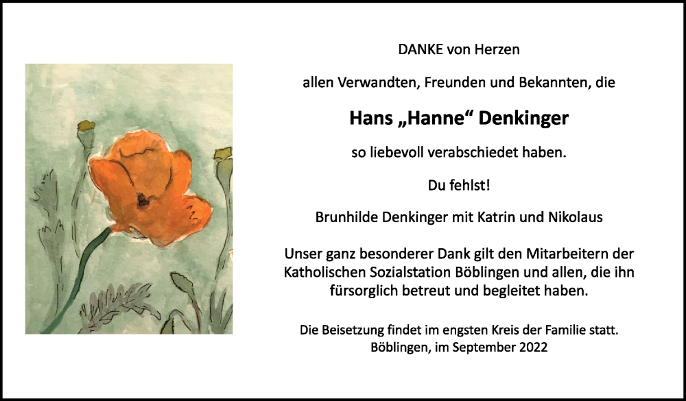  Traueranzeige für Hans Denkinger vom 22.09.2022 aus Kreiszeitung Böblinger Bote