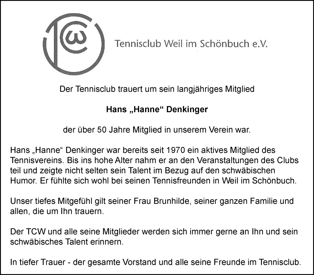  Traueranzeige für Hans Denkinger vom 22.09.2022 aus Kreiszeitung Böblinger Bote