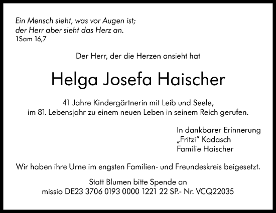 Traueranzeige von Helga Josefa Haischer von Kreiszeitung Böblinger Bote