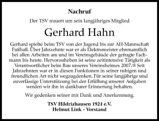 Traueranzeige von Gerhard Hahn von Kreiszeitung Böblinger Bote