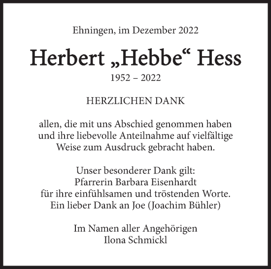 Traueranzeige von Herbert Hess von Kreiszeitung Böblinger Bote