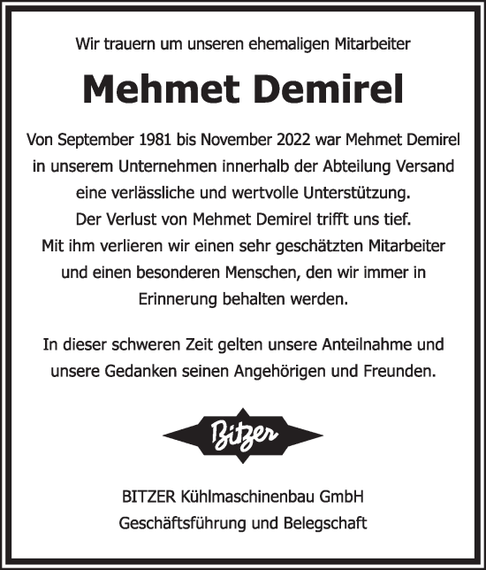 Traueranzeige von Mehmet Demirel von Kreiszeitung Böblinger Bote