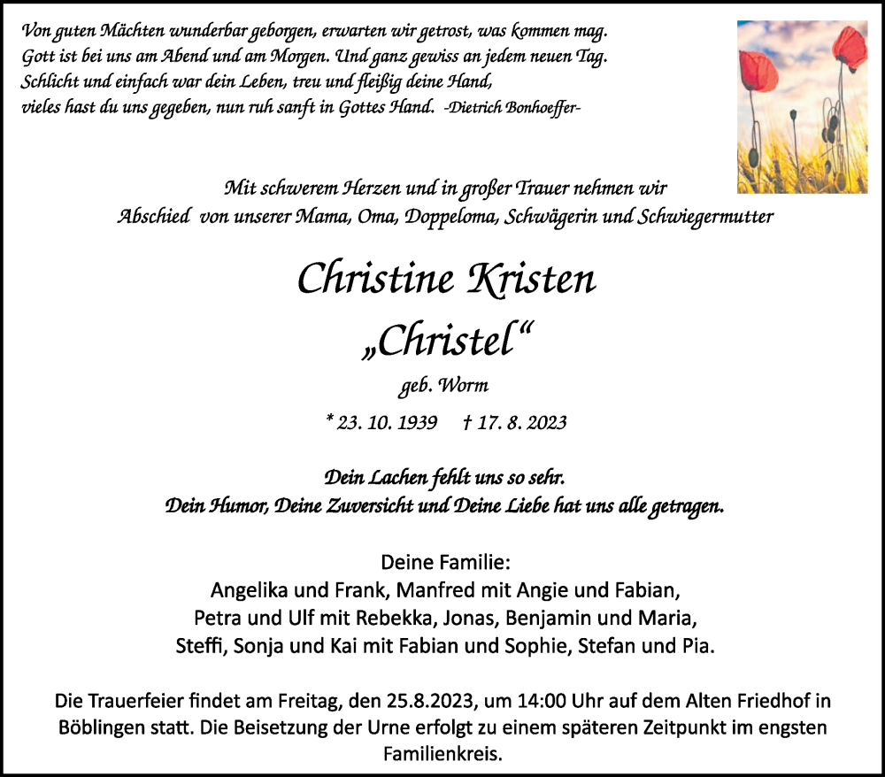  Traueranzeige für Christine Kristen vom 19.10.2023 aus Kreiszeitung Böblinger Bote