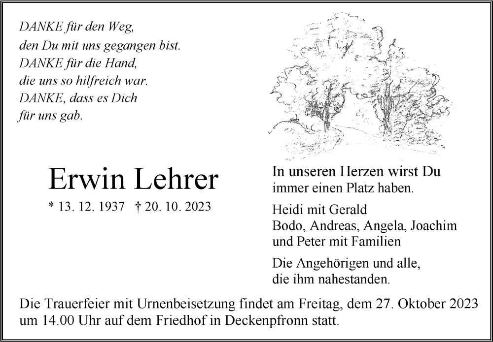  Traueranzeige für Erwin Lehrer vom 25.10.2023 aus Kreiszeitung Böblinger Bote