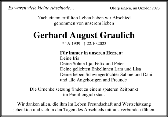 Traueranzeige von Gerhard Graulich von Kreiszeitung Böblinger Bote