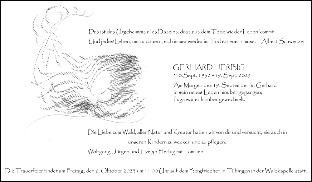 Traueranzeige für Gerhard Herbig vom 30.09.2023 aus Kreiszeitung Böblinger Bote