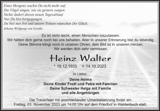Traueranzeige von Heinz Walter von Kreiszeitung Böblinger Bote