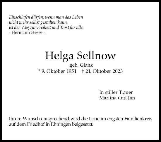 Traueranzeige von Helga Sellnow von Kreiszeitung Böblinger Bote