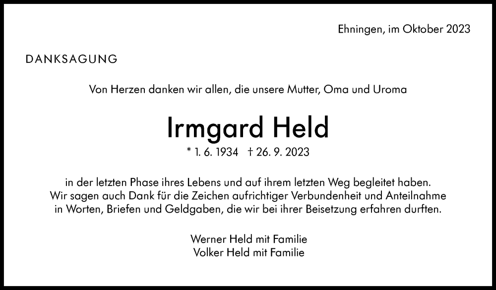 Traueranzeige für Irmgard Held vom 07.10.2023 aus Kreiszeitung Böblinger Bote