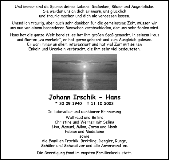 Traueranzeige von Johann Irschik von Kreiszeitung Böblinger Bote
