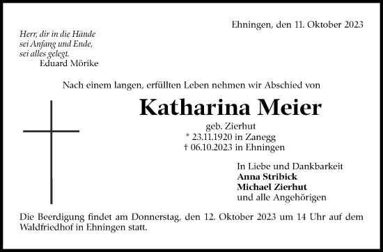 Traueranzeige von Katharina Meier von Kreiszeitung Böblinger Bote