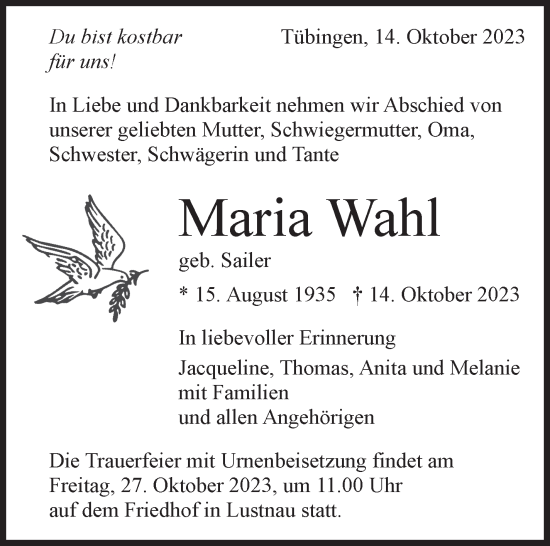 Traueranzeige von Maria Wahl von Kreiszeitung Böblinger Bote