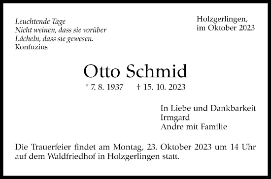 Traueranzeige von Otto Schmid von Kreiszeitung Böblinger Bote