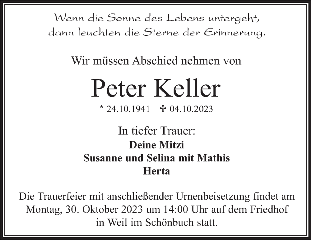  Traueranzeige für Peter Keller vom 25.10.2023 aus Kreiszeitung Böblinger Bote