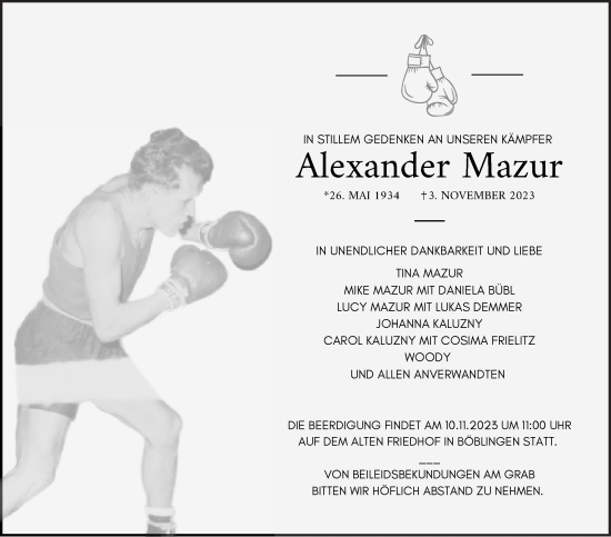 Traueranzeige von Alexander Mazur von Kreiszeitung Böblinger Bote