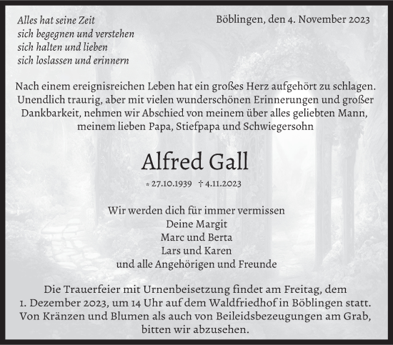 Traueranzeige von Alfred Gall von Kreiszeitung Böblinger Bote