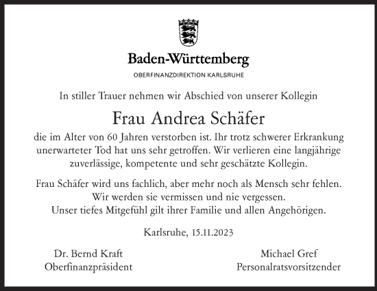 Traueranzeige von Andrea Schäfer von Kreiszeitung Böblinger Bote