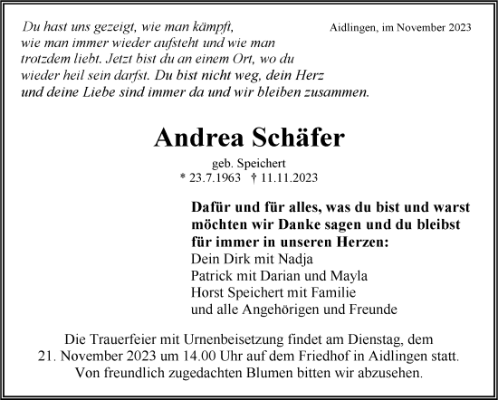 Traueranzeige von Andrea Schäfer von Kreiszeitung Böblinger Bote