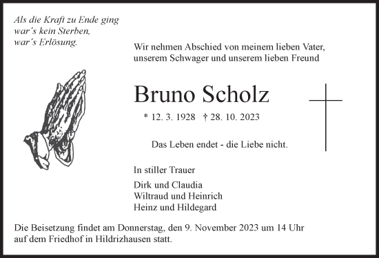 Traueranzeige von Bruno Scholz von Kreiszeitung Böblinger Bote
