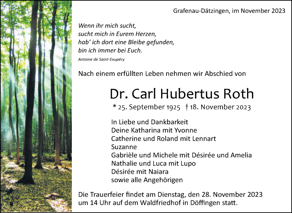  Traueranzeige für Carl Hubertus Roth vom 24.11.2023 aus Kreiszeitung Böblinger Bote