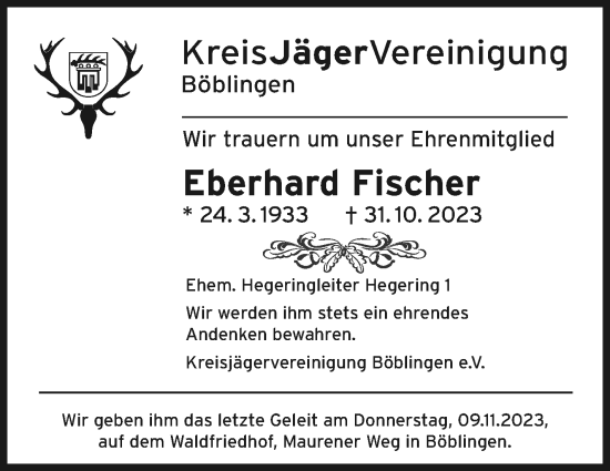 Traueranzeige von Eberhard Fischer von Kreiszeitung Böblinger Bote
