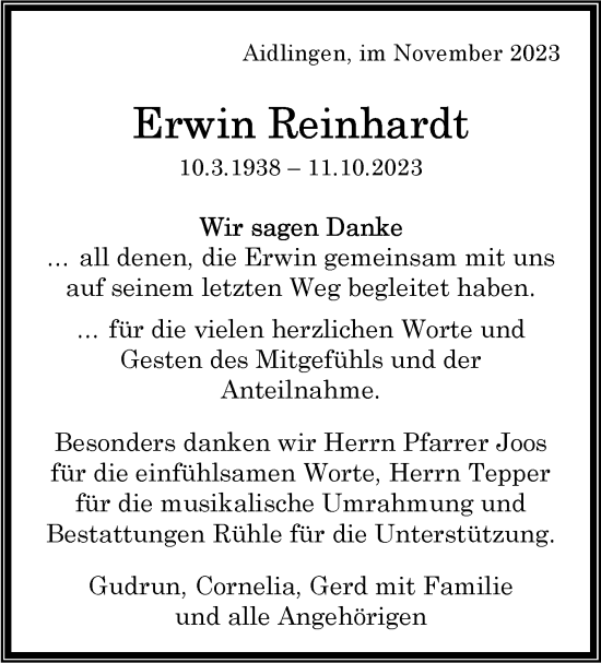 Traueranzeige von Erwin Reinhardt von Kreiszeitung Böblinger Bote