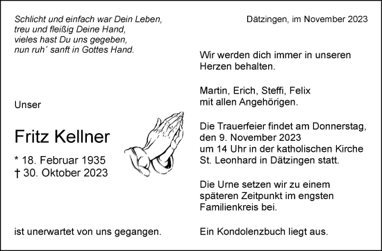 Traueranzeige von Fritz Kellner von Kreiszeitung Böblinger Bote