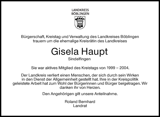 Traueranzeige von Gisela Haupt von Kreiszeitung Böblinger Bote