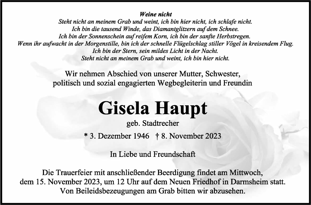  Traueranzeige für Gisela Haupt vom 11.11.2023 aus Kreiszeitung Böblinger Bote
