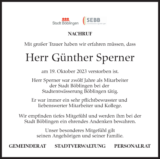 Traueranzeige von Günther Sperner von Kreiszeitung Böblinger Bote